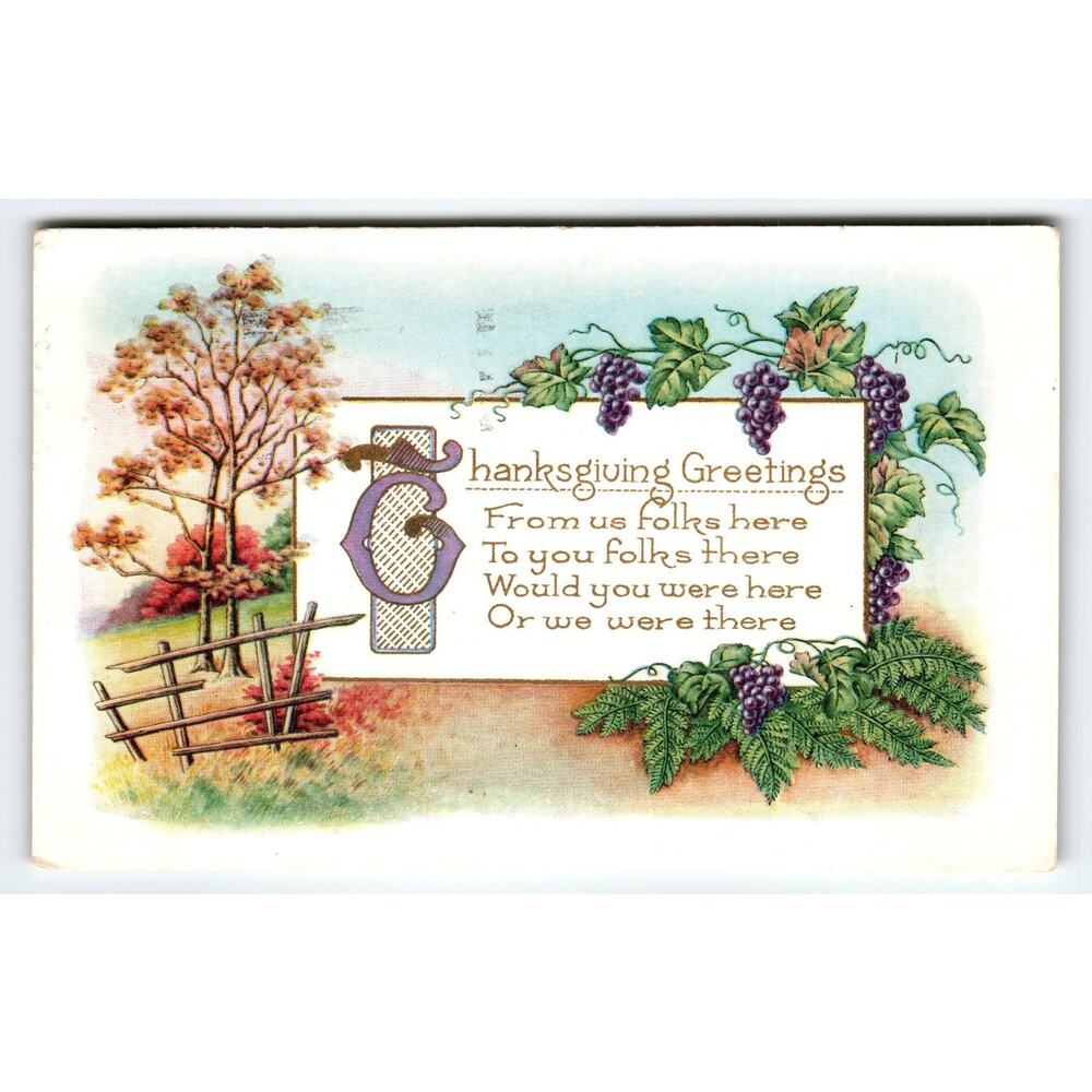 Vintage 1921 Thanksgiving Greetings Lithograph Postcard Scenic Art